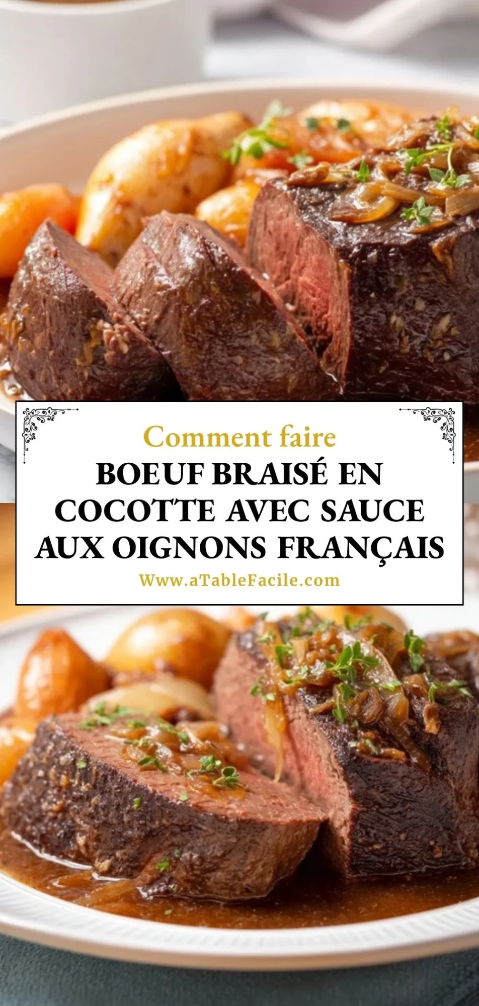 Boeuf braisé en cocotte avec sauce aux oignons français - Pin 1
