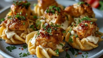 Bouchées de poulet au beurre à l'ail avec pâtes torsadées cajun épicées à l'alfredo - 1